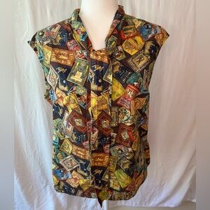 Retrolicious Top Short Sleeve Neck Tie Fairytales Print Plus Sz 1X #622